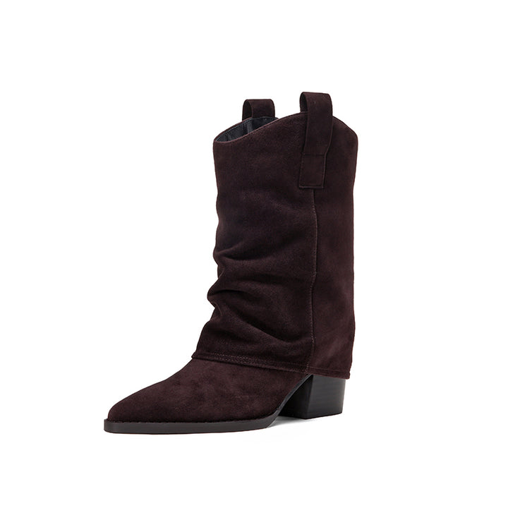 Pointed Toe Slouch Mid-Calf Western Boots 65mm Block Heel Leather Cowboy Boots in Black/Brown