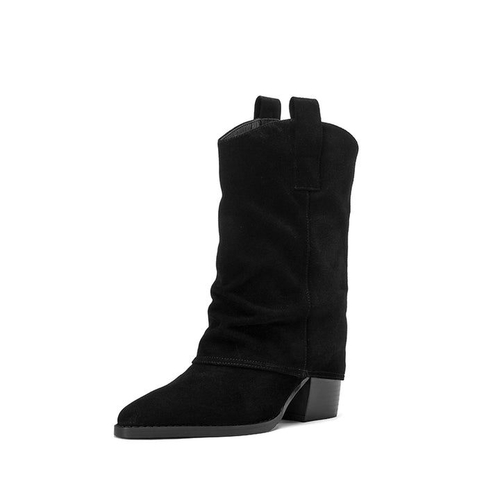 Pointed Toe Slouch Mid-Calf Western Boots 65mm Block Heel Leather Cowboy Boots in Black/Brown