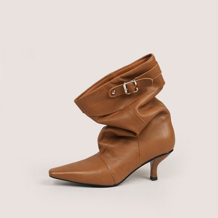 Vintage Soft Leather Fold-Over Cuff Slouch Mid-Calf Boots in Caramel/Black
