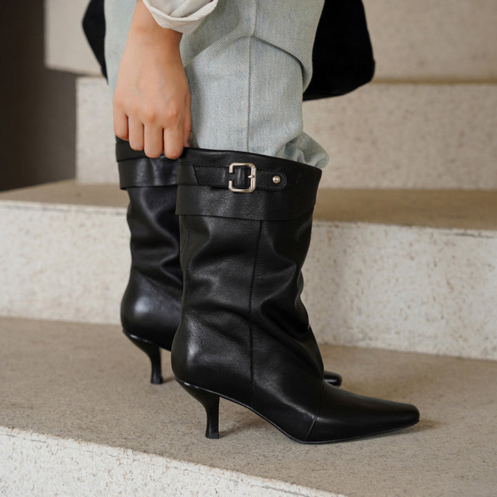 Vintage Soft Leather Fold-Over Cuff Slouch Mid-Calf Boots in Caramel/Black