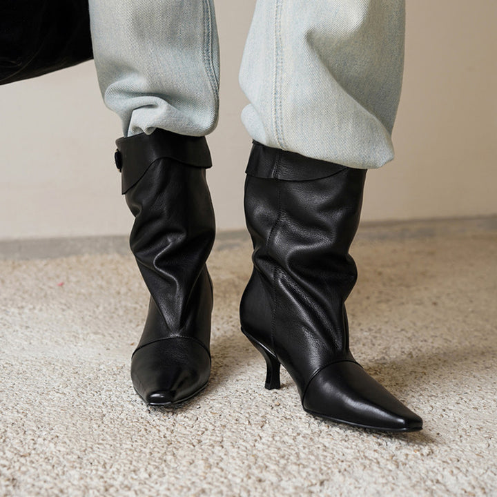 Vintage Soft Leather Fold-Over Cuff Slouch Mid-Calf Boots in Caramel/Black