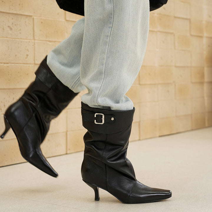 Vintage Soft Leather Fold-Over Cuff Slouch Mid-Calf Boots in Caramel/Black