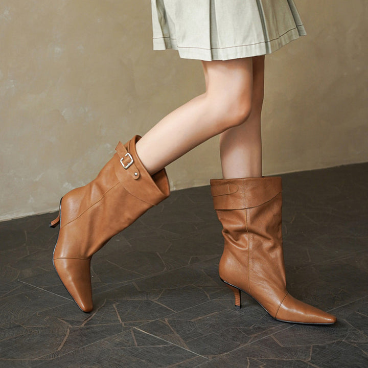 Vintage Soft Leather Fold-Over Cuff Slouch Mid-Calf Boots in Caramel/Black