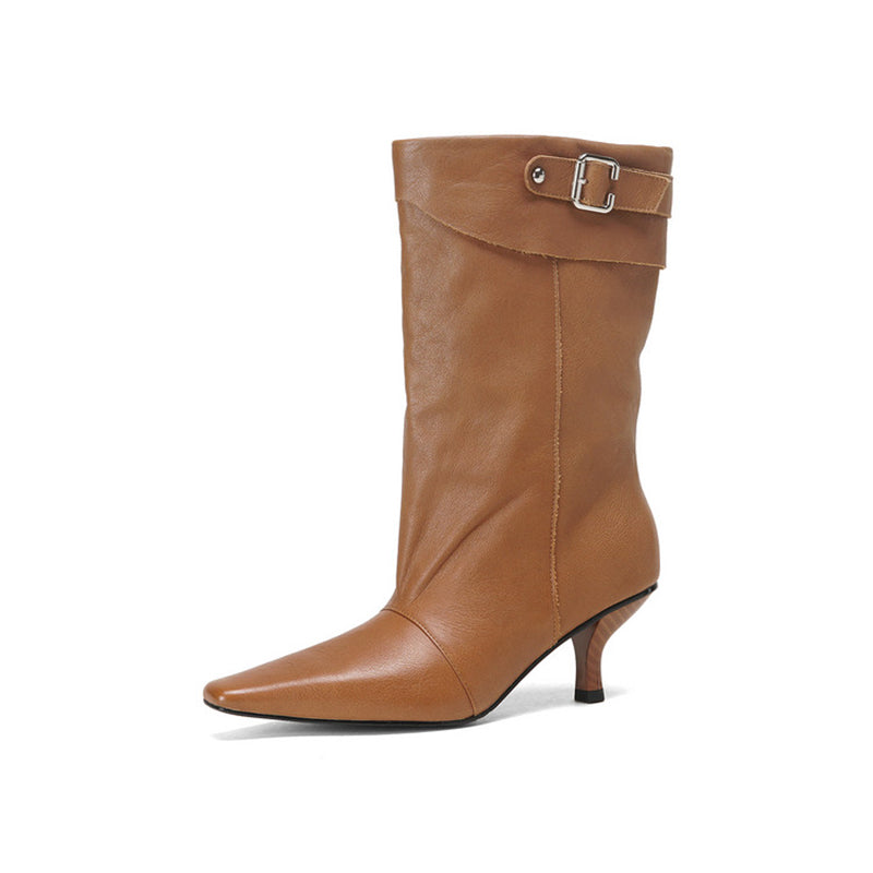 Vintage Soft Leather Fold-Over Cuff Slouch Mid-Calf Boots in Caramel/Black