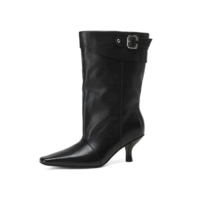 Vintage Soft Leather Fold-Over Cuff Slouch Mid-Calf Boots in Caramel/Black
