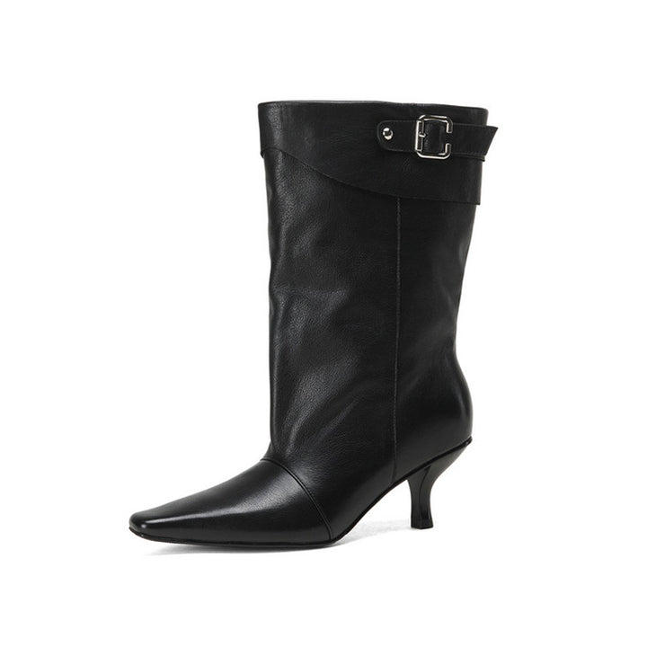 Vintage Soft Leather Fold-Over Cuff Slouch Mid-Calf Boots in Caramel/Black