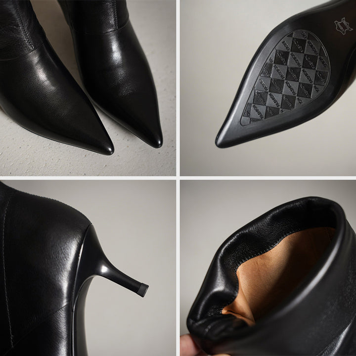 Pointed Toe Fold-Over Cuff Slouch Mid-Calf Boots 60mm Stiletto Heel Leather Boots in Apricot/Black
