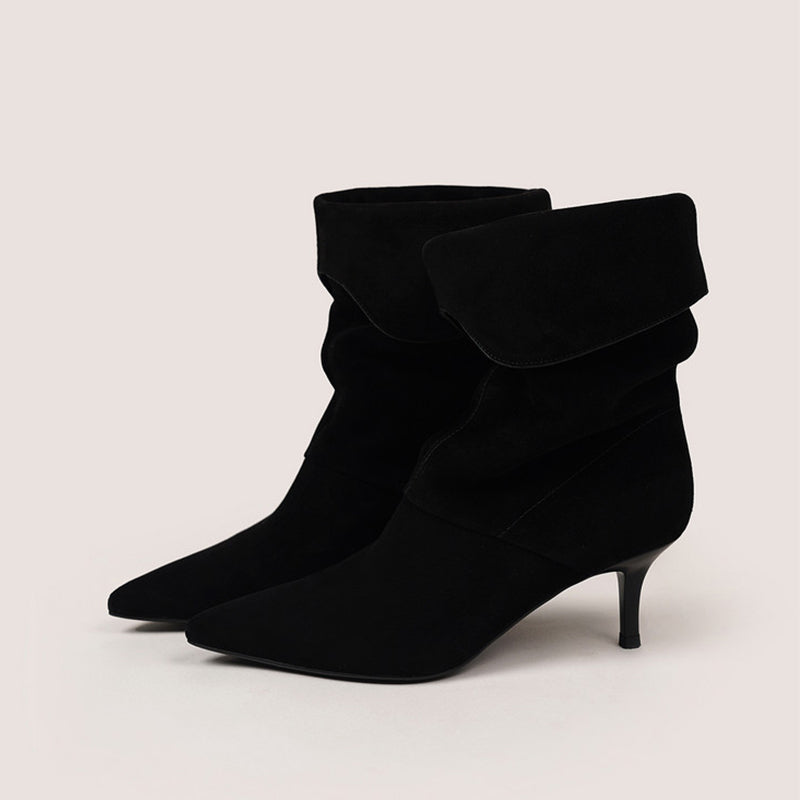 Pointed Toe Fold-Over Cuff Slouch Mid-Calf Boots 60mm Stiletto Heel Leather Boots in Apricot/Black