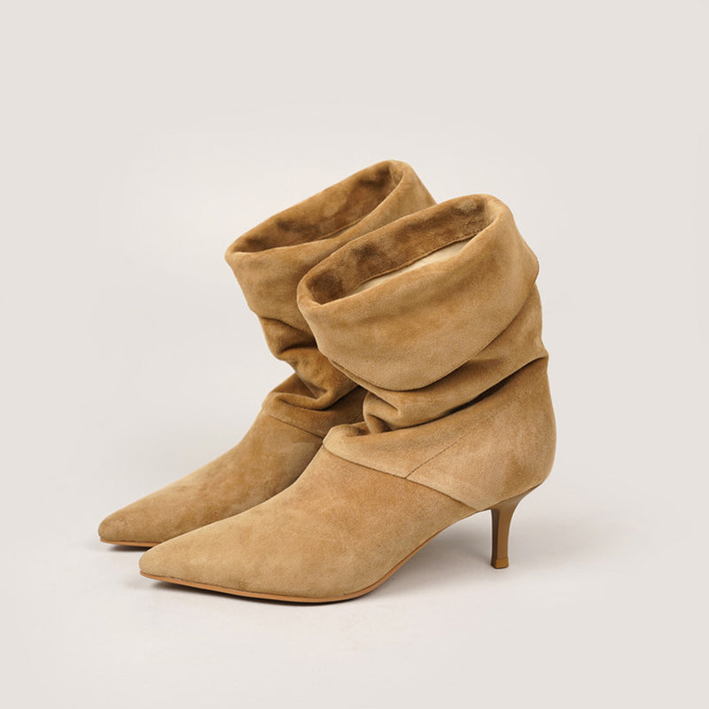 Pointed Toe Fold-Over Cuff Slouch Mid-Calf Boots 60mm Stiletto Heel Leather Boots in Apricot/Black