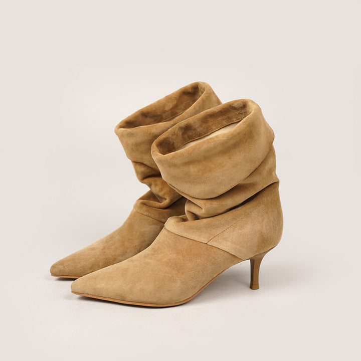 Pointed Toe Fold-Over Cuff Slouch Mid-Calf Boots 60mm Stiletto Heel Leather Boots in Apricot/Black