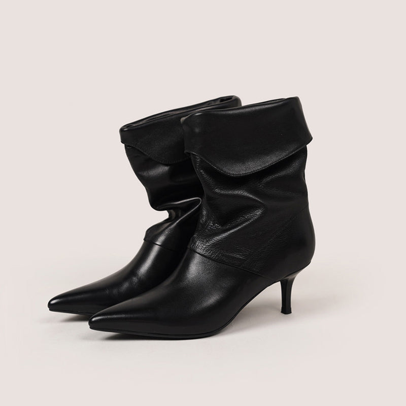 Pointed Toe Fold-Over Cuff Slouch Mid-Calf Boots 60mm Stiletto Heel Leather Boots in Apricot/Black