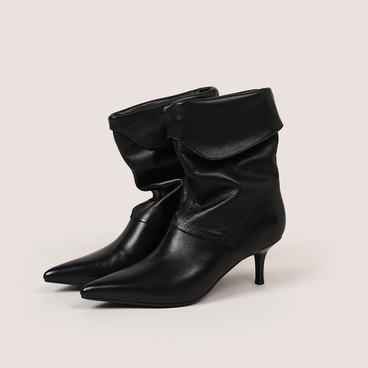 Pointed Toe Fold-Over Cuff Slouch Mid-Calf Boots 60mm Stiletto Heel Leather Boots in Apricot/Black