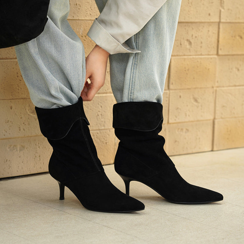 Pointed Toe Fold-Over Cuff Slouch Mid-Calf Boots 60mm Stiletto Heel Leather Boots in Apricot/Black