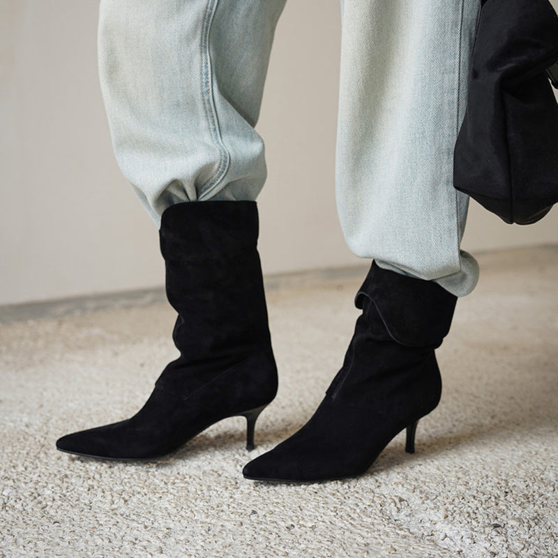 Pointed Toe Fold-Over Cuff Slouch Mid-Calf Boots 60mm Stiletto Heel Leather Boots in Apricot/Black