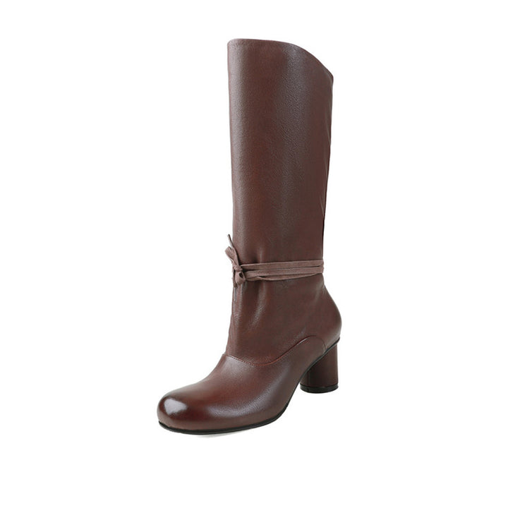 Vintage Slouch Knee High Boots Soft Calfskin Round Toe Cylinder Heel Pull-On Boots in Black/Brown