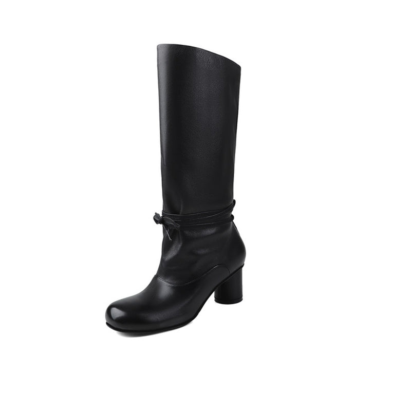 Vintage Slouch Knee High Boots Soft Calfskin Round Toe Cylinder Heel Pull-On Boots in Black/Brown