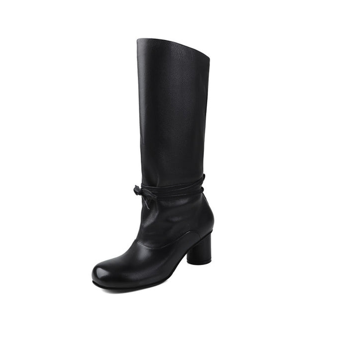 Vintage Slouch Knee High Boots Soft Calfskin Round Toe Cylinder Heel Pull-On Boots in Black/Brown
