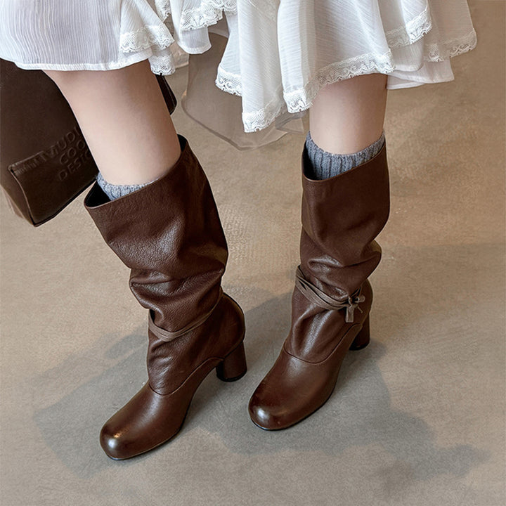 Vintage Slouch Knee High Boots Soft Calfskin Round Toe Cylinder Heel Pull-On Boots in Black/Brown
