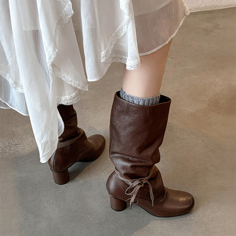 Vintage Slouch Knee High Boots Soft Calfskin Round Toe Cylinder Heel Pull-On Boots in Black/Brown