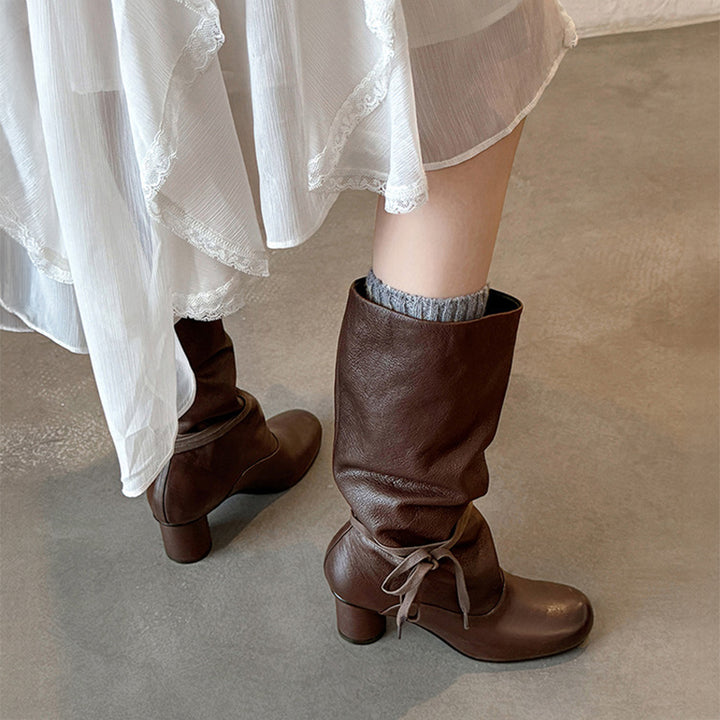 Vintage Slouch Knee High Boots Soft Calfskin Round Toe Cylinder Heel Pull-On Boots in Black/Brown