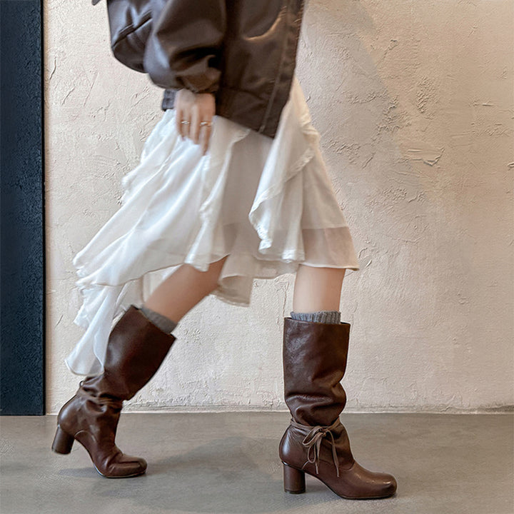 Vintage Slouch Knee High Boots Soft Calfskin Round Toe Cylinder Heel Pull-On Boots in Black/Brown