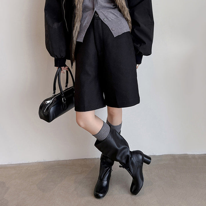 Vintage Slouch Knee High Boots Soft Calfskin Round Toe Cylinder Heel Pull-On Boots in Black/Brown