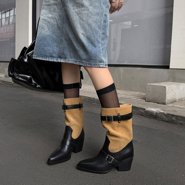 Retro Two-Tone Western Boots Double Buckle Mid-Calf Cowboy Boots in Black/Brown