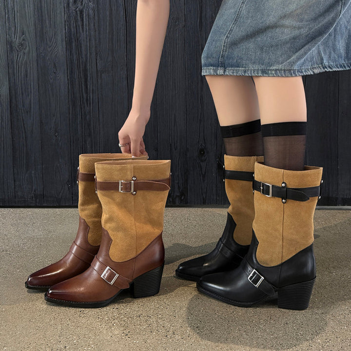 Retro Two-Tone Western Boots Double Buckle Mid-Calf Cowboy Boots in Black/Brown