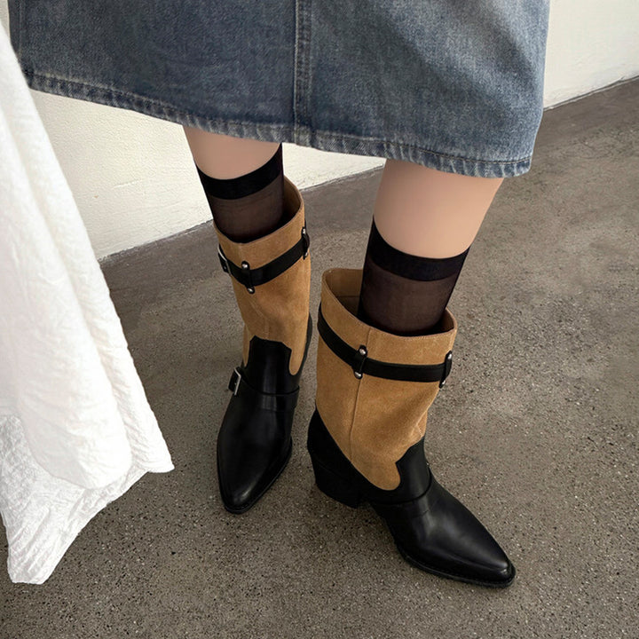Retro Two-Tone Western Boots Double Buckle Mid-Calf Cowboy Boots in Black/Brown
