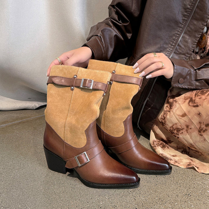 Retro Two-Tone Western Boots Double Buckle Mid-Calf Cowboy Boots in Black/Brown