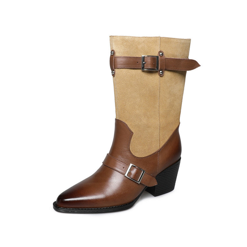 Retro Two-Tone Western Boots Double Buckle Mid-Calf Cowboy Boots in Black/Brown