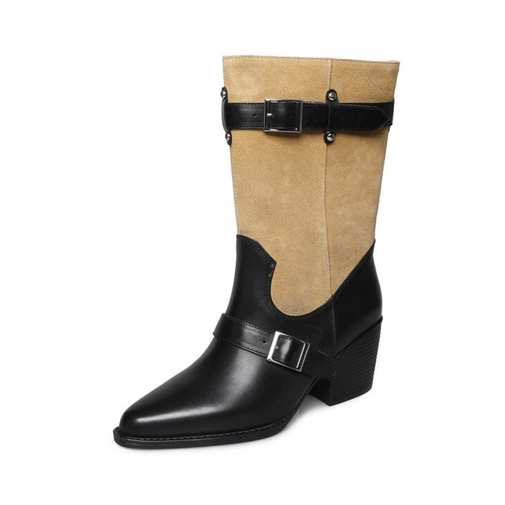 Retro Two-Tone Western Boots Double Buckle Mid-Calf Cowboy Boots in Black/Brown