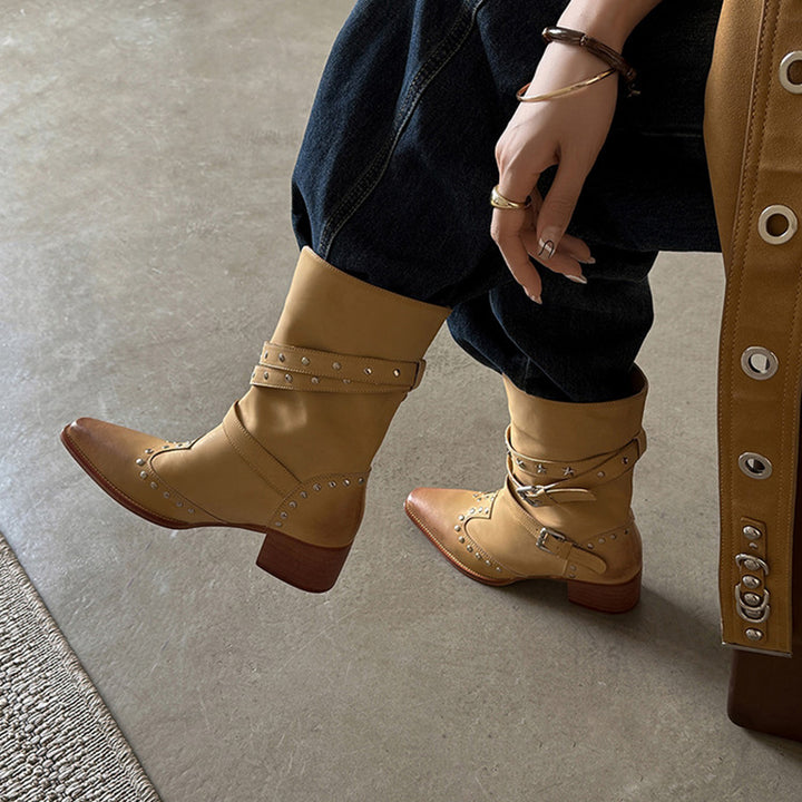 Studded Snip Toe Western Boots Multi-Buckle Pull-On Mid-Calf Cowboy Boots in Black/Khaki