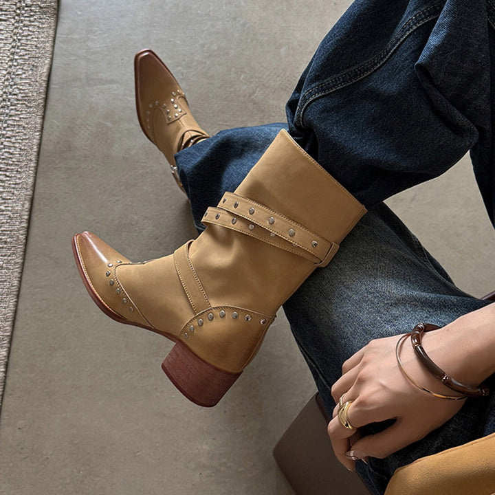 Studded Snip Toe Western Boots Multi-Buckle Pull-On Mid-Calf Cowboy Boots in Black/Khaki