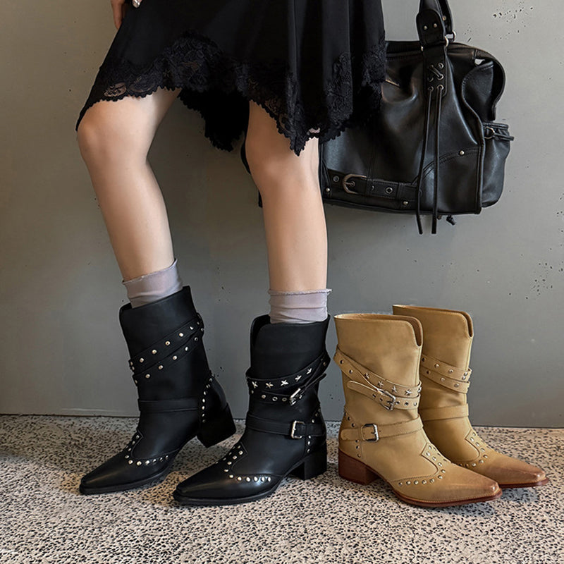 Studded Snip Toe Western Boots Multi-Buckle Pull-On Mid-Calf Cowboy Boots in Black/Khaki