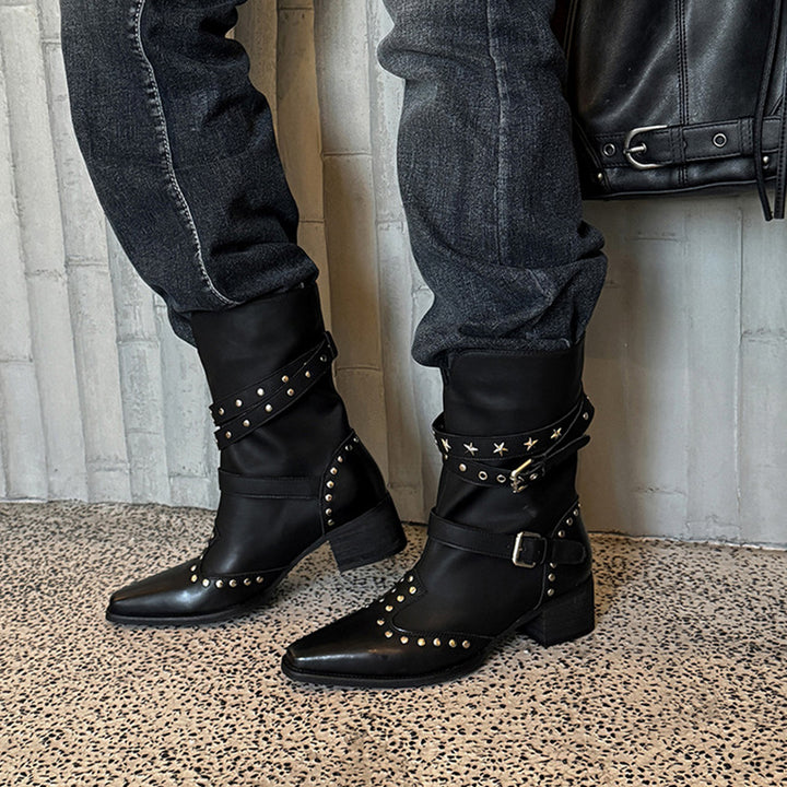 Studded Snip Toe Western Boots Multi-Buckle Pull-On Mid-Calf Cowboy Boots in Black/Khaki