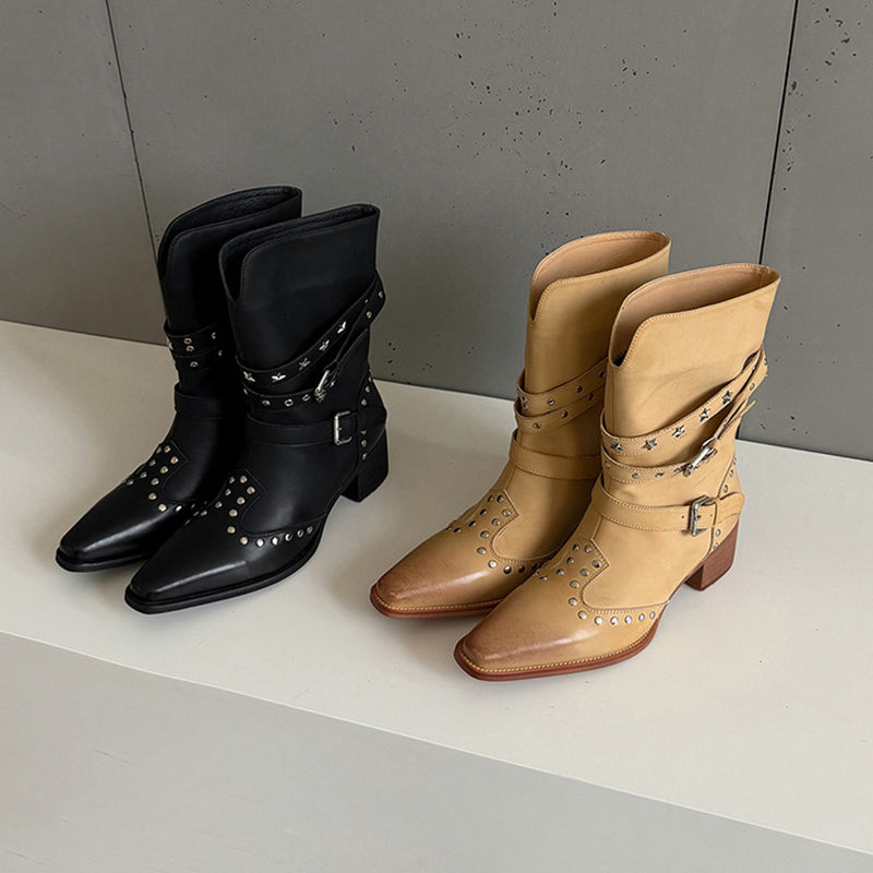 Studded Snip Toe Western Boots Multi-Buckle Pull-On Mid-Calf Cowboy Boots in Black/Khaki