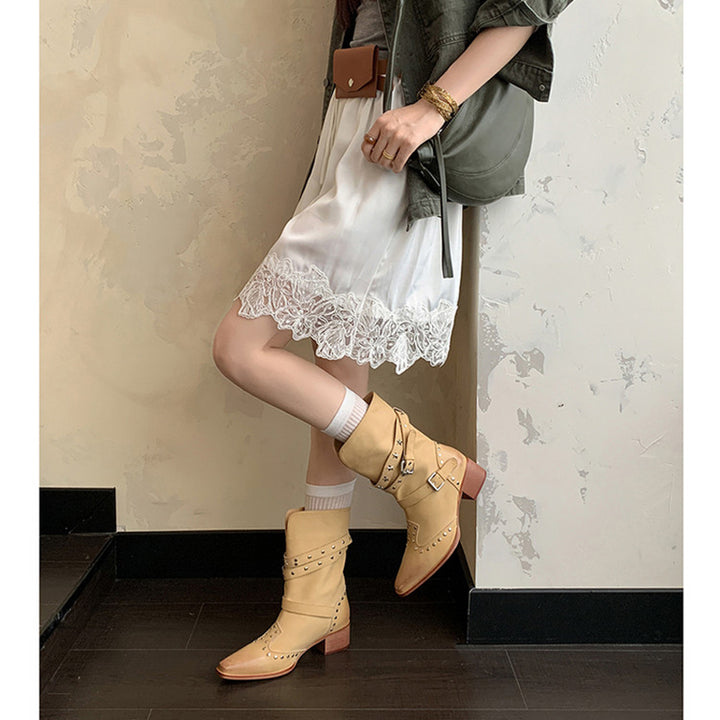 Studded Snip Toe Western Boots Multi-Buckle Pull-On Mid-Calf Cowboy Boots in Black/Khaki