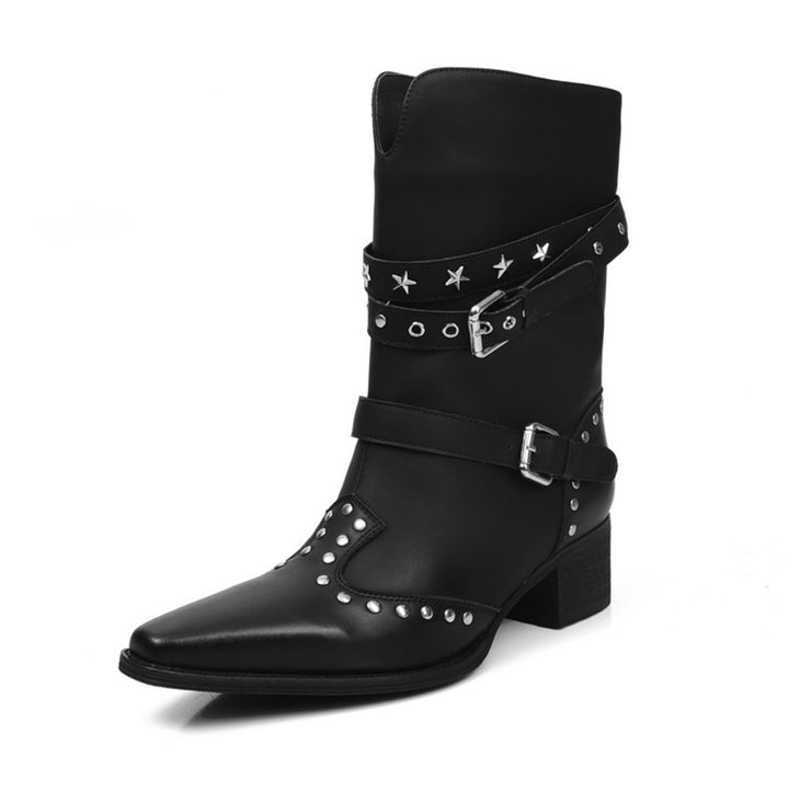 Studded Snip Toe Western Boots Multi-Buckle Pull-On Mid-Calf Cowboy Boots in Black/Khaki