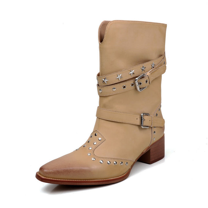 Studded Snip Toe Western Boots Multi-Buckle Pull-On Mid-Calf Cowboy Boots in Black/Khaki