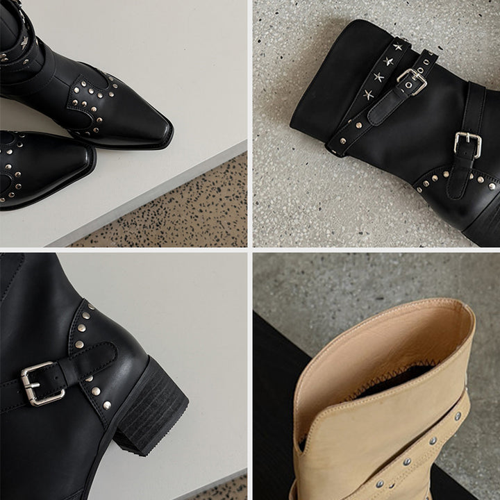 Studded Snip Toe Western Boots Multi-Buckle Pull-On Mid-Calf Cowboy Boots in Black/Khaki