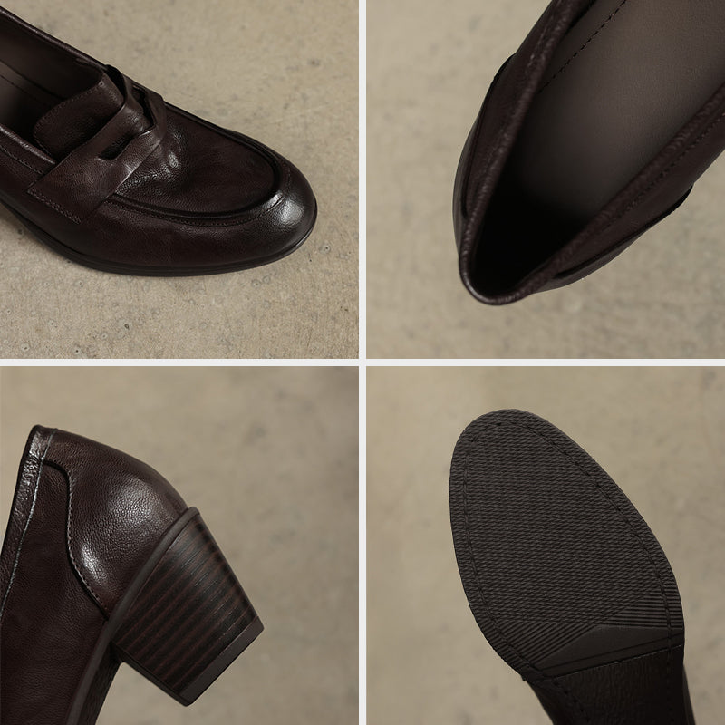 Retro 50mm Block Heel Soft Leather Penny Loafers in Black/Brown