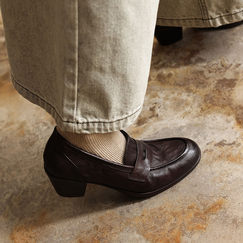 Retro 50mm Block Heel Soft Leather Penny Loafers in Black/Brown