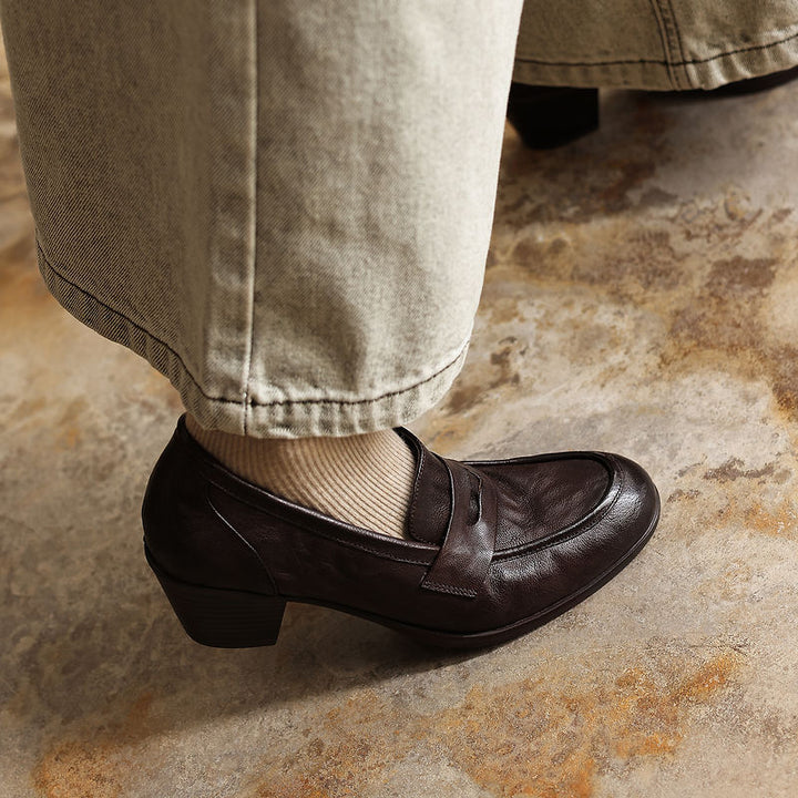 Retro 50mm Block Heel Soft Leather Penny Loafers in Black/Brown