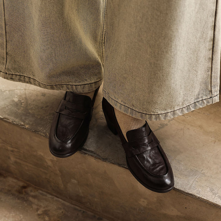 Retro 50mm Block Heel Soft Leather Penny Loafers in Black/Brown