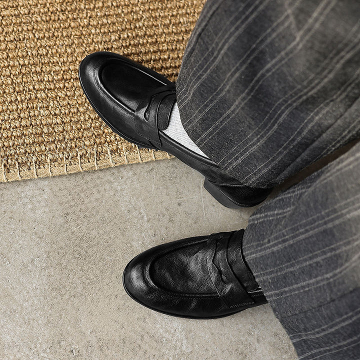 Retro 50mm Block Heel Soft Leather Penny Loafers in Black/Brown