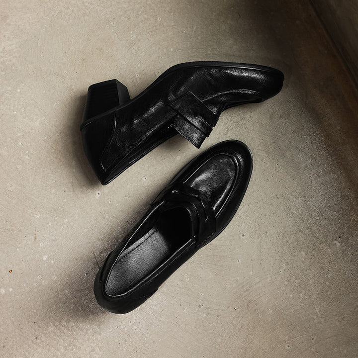 Retro 50mm Block Heel Soft Leather Penny Loafers in Black/Brown
