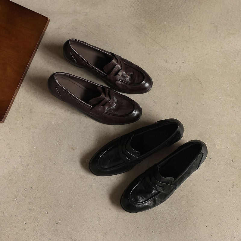 Retro 50mm Block Heel Soft Leather Penny Loafers in Black/Brown