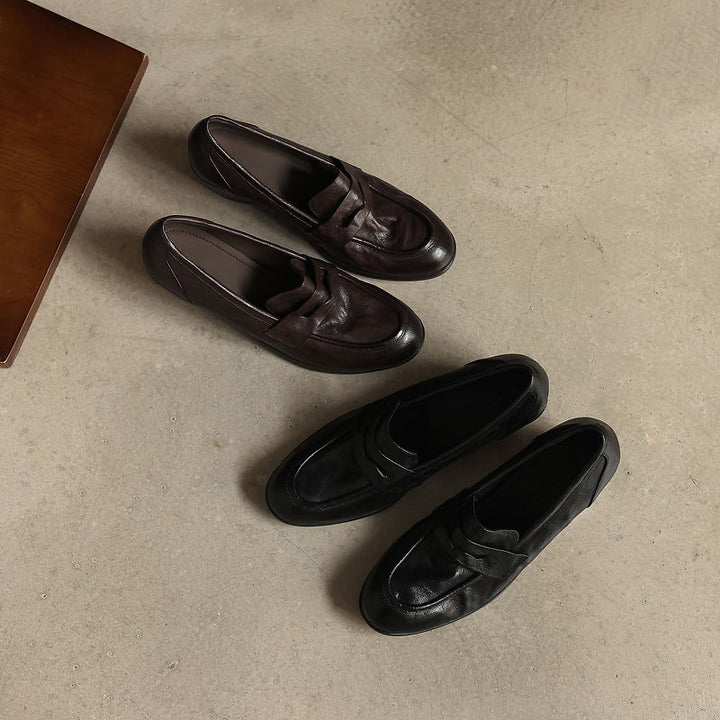 Retro 50mm Block Heel Soft Leather Penny Loafers in Black/Brown