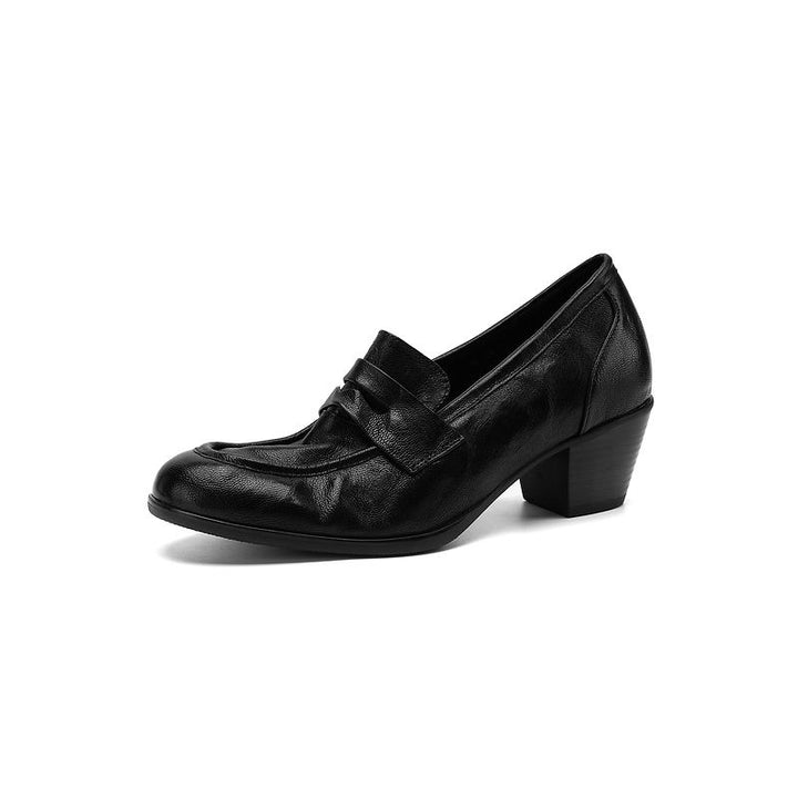 Retro 50mm Block Heel Soft Leather Penny Loafers in Black/Brown